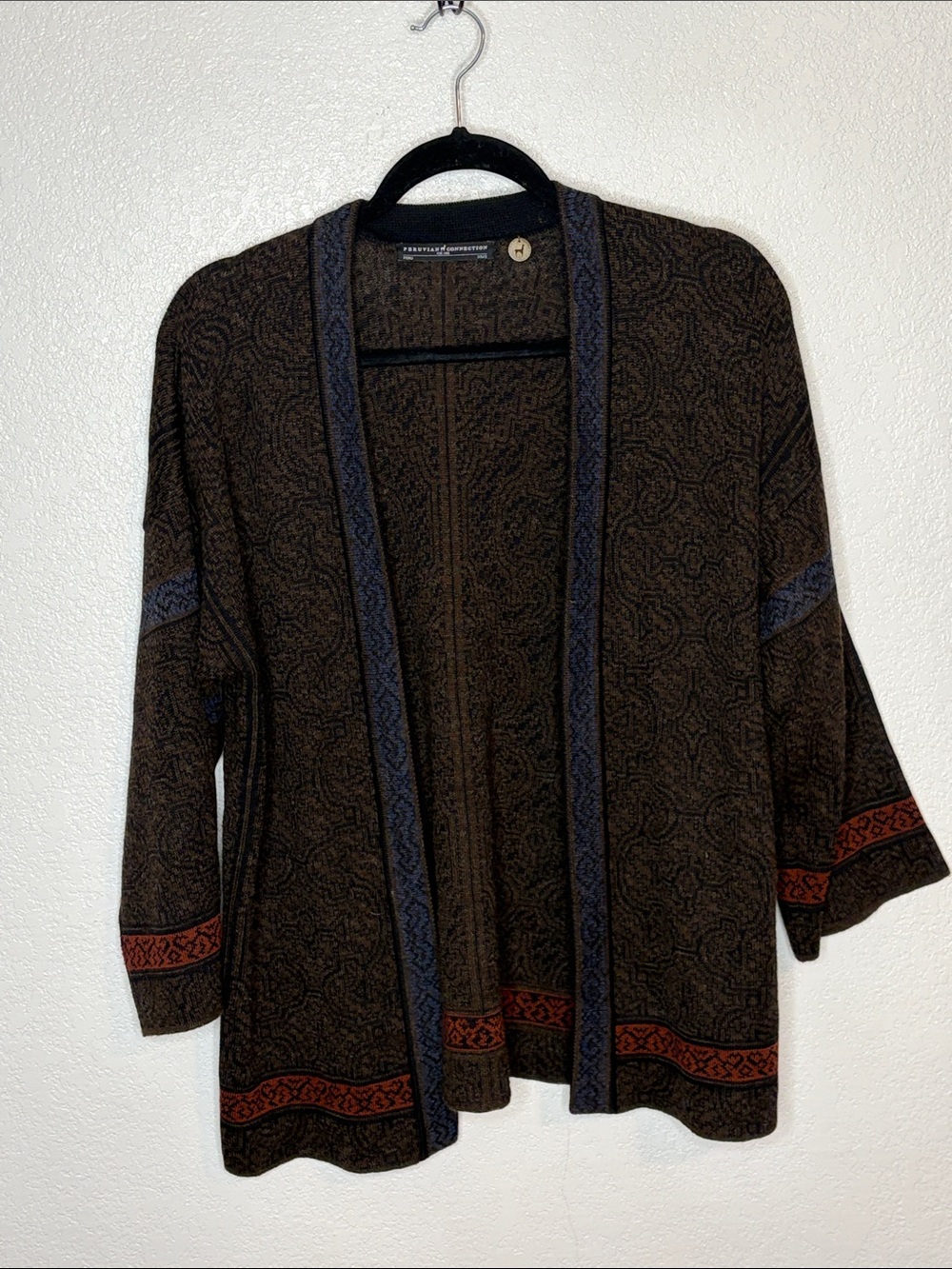 Peruvian Connection Brown & Black Tapestry Style Alpaca & Wool Cardigan XS/S